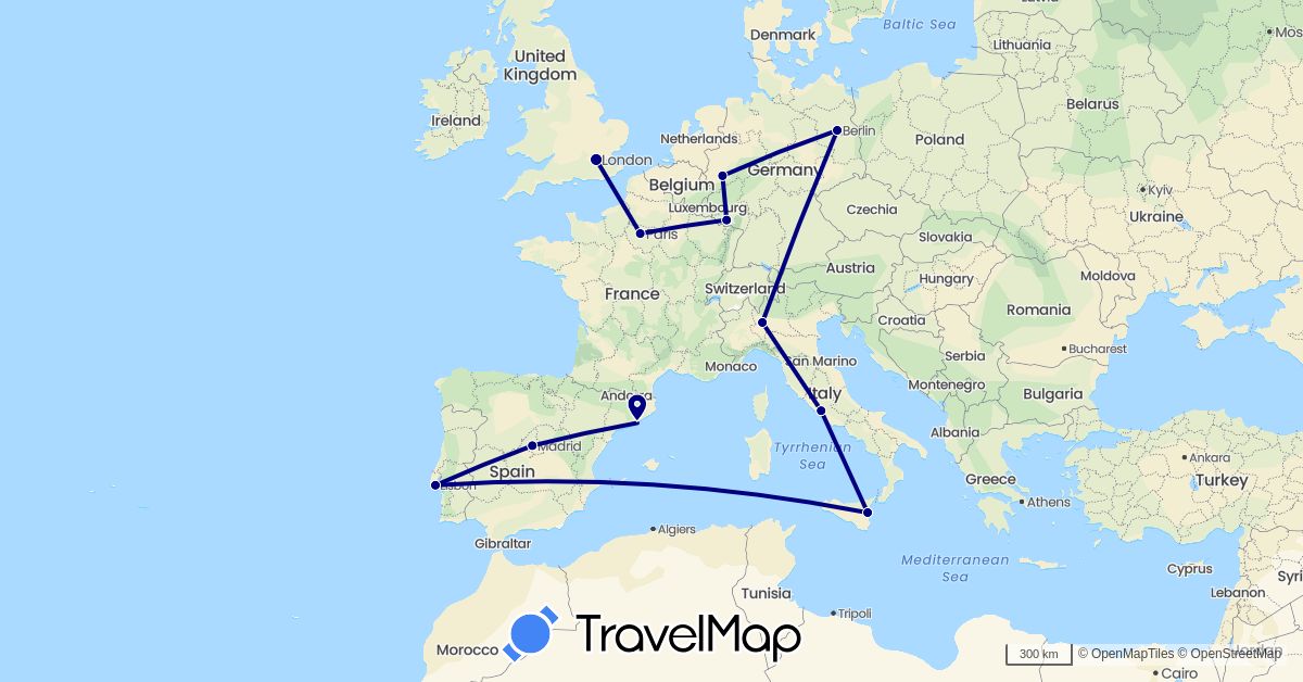 TravelMap itinerary: driving in Germany, Spain, France, United Kingdom, Italy, Portugal (Europe)